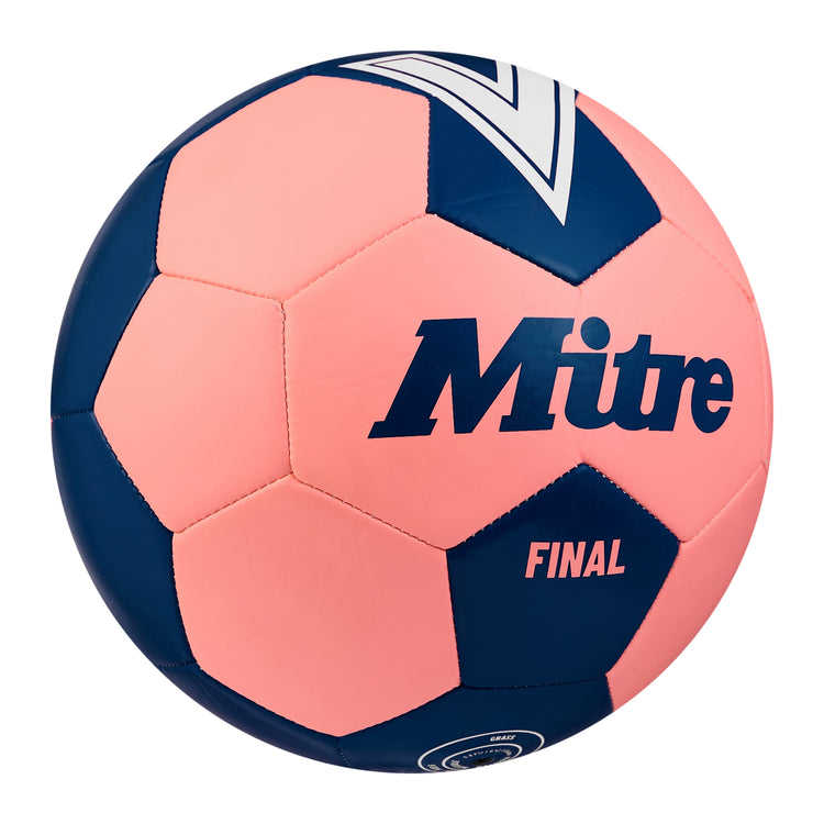 Front ¾ right view of the Mitre Final Football Pink and Blue
