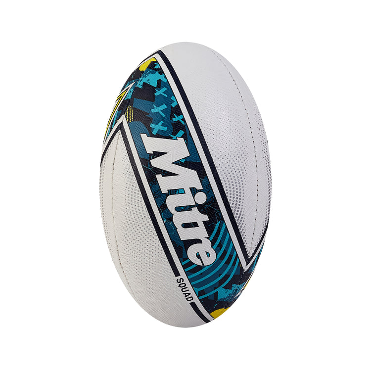 Front view of the Mitre Squad Rugby Ball White and Navy