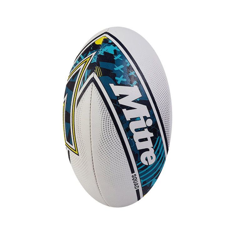 Front ¾ right view of the Mitre Squad Rugby Ball White and Navy