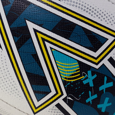Back ¾ left view of the Mitre Squad Rugby Ball White and Navy