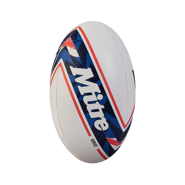 Front view of the Mitre Grid Rugby Ball White and Blue