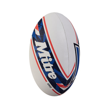 Front ¾ left view of the Mitre Grid Rugby Ball White and Blue