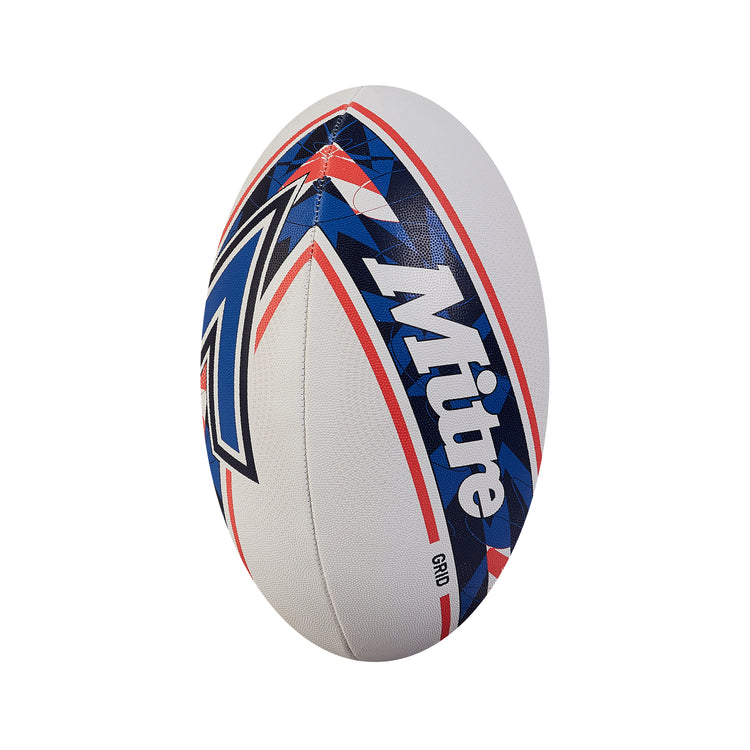 Front ¾ right view of the Mitre Grid Rugby Ball White and Blue