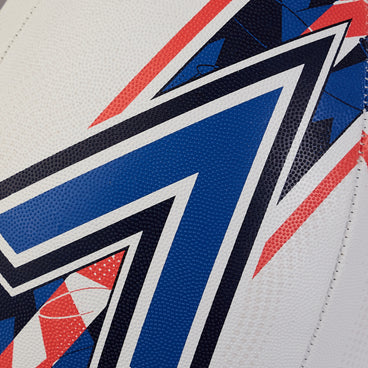Back ¾ left view of the Mitre Grid Rugby Ball White and Blue