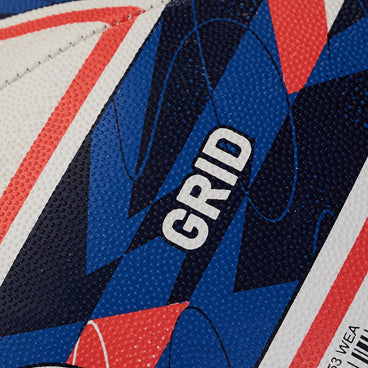 Back ¾ right view of the Mitre Grid Rugby Ball White and Blue