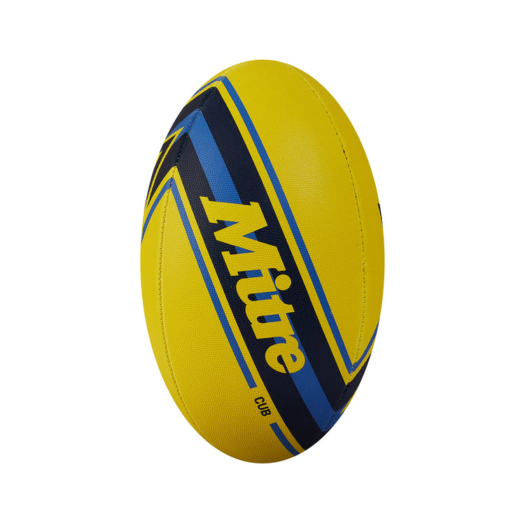 Front view of the Mitre Cub Rugby Ball Yellow and Navy