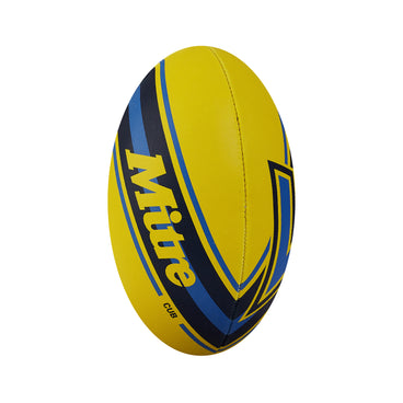 Front ¾ left view of the Mitre Cub Rugby Ball Yellow and Navy