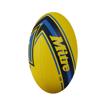 Front ¾ right view of the Mitre Cub Rugby Ball Yellow and Navy