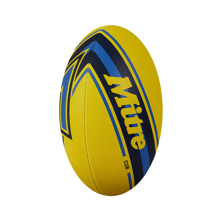 Front ¾ right view of the Mitre Cub Rugby Ball Yellow and Navy