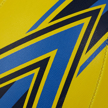 Back ¾ left view of the Mitre Cub Rugby Ball Yellow and Navy