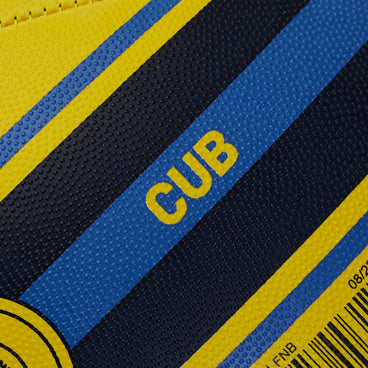 Back ¾ right view of the Mitre Cub Rugby Ball Yellow and Navy