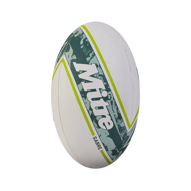 Front view of the Mitre Sabre Rugby Ball White and LtGreen