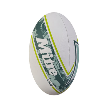 Front ¾ left view of the Mitre Sabre Rugby Ball White and LtGreen