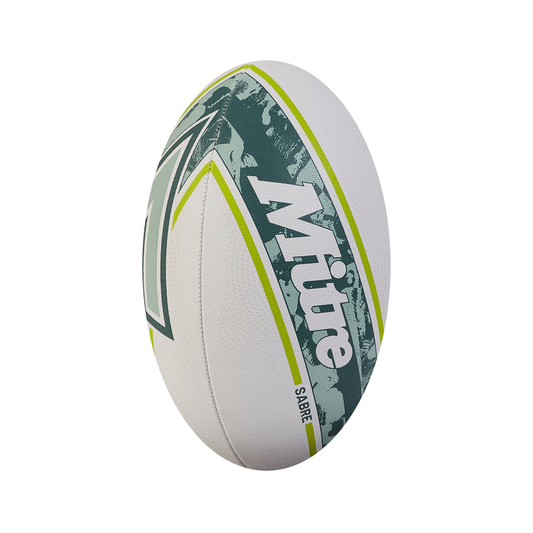 Front ¾ right view of the Mitre Sabre Rugby Ball White and LtGreen