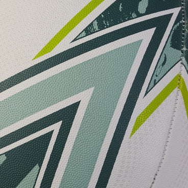 Back ¾ left view of the Mitre Sabre Rugby Ball White and LtGreen