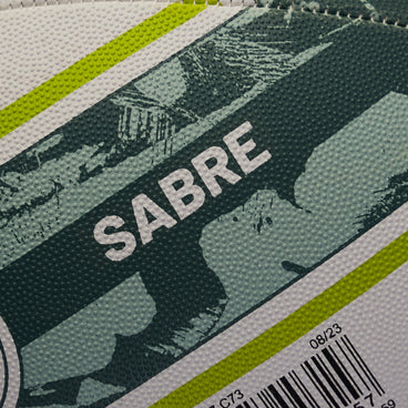 Back ¾ right view of the Mitre Sabre Rugby Ball White and LtGreen