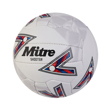 Front ¾ left view of the Mitre Shooter Netball White and Red