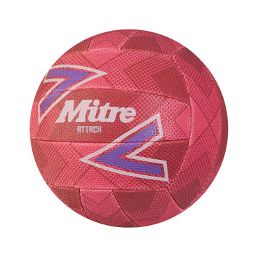 Front ¾ left view of the Mitre Attack Netball Pink and Purple