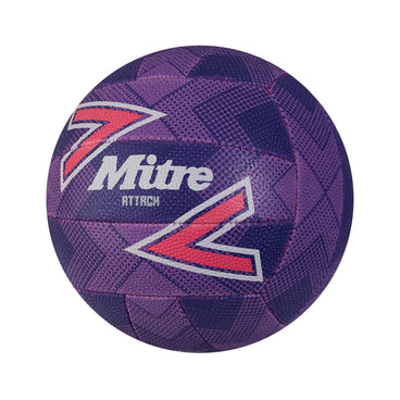 Front ¾ left view of the Mitre Attack Netball Purple and Pink
