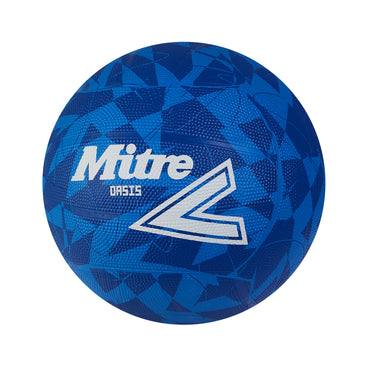 Front ¾ left view of the Mitre Oasis Netball Blue and White