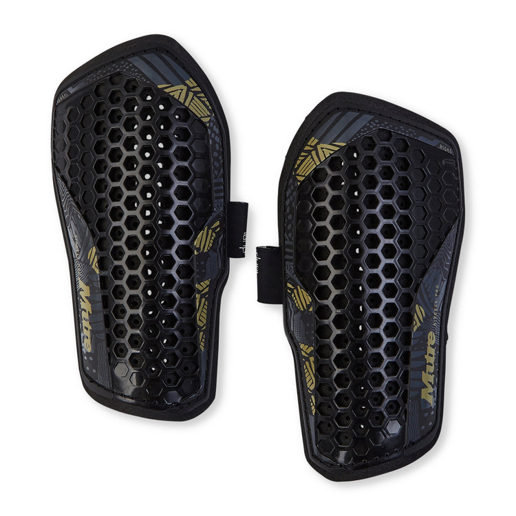 Front view of the Mitre Aircell Pro Shinguards Black and Gold
