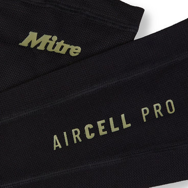 Back ¾ left view of the Mitre Aircell Pro Shinguards Black and Gold
