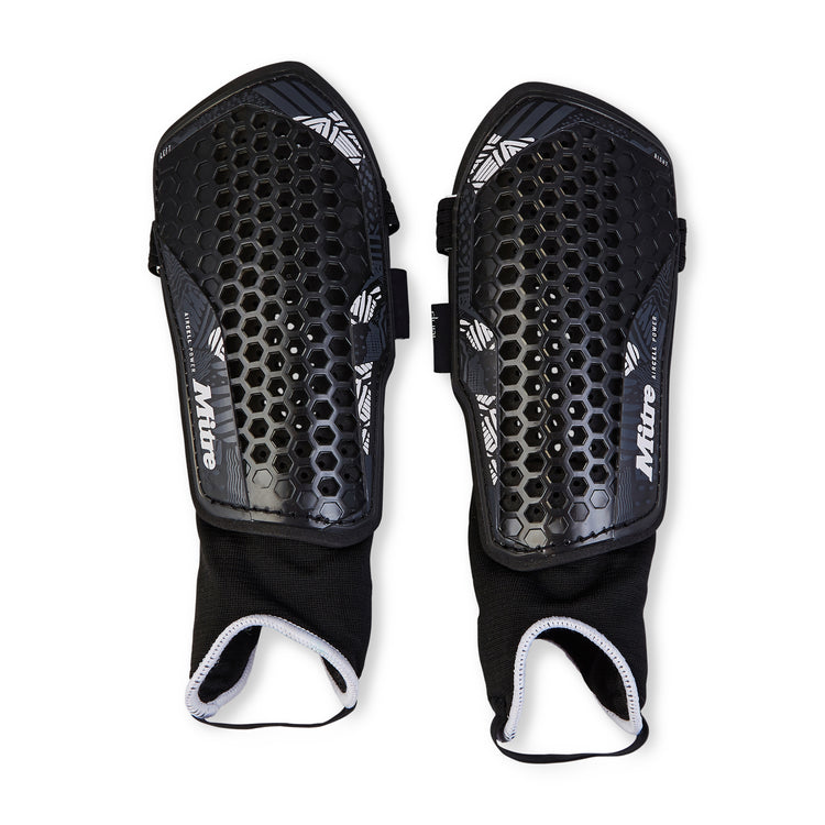 Front view of the Mitre Aircell Power Shinguards Black and White