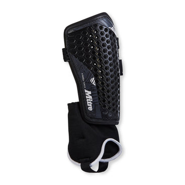 Front ¾ left view of the Mitre Aircell Power Shinguards Black and White