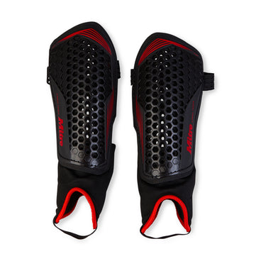 Front view of the Mitre Aircell Carbon Shinguards Black and Red
