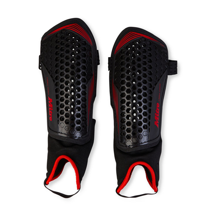 Front view of the Mitre Aircell Carbon Shinguards Black and Red