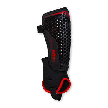 Front ¾ left view of the Mitre Aircell Carbon Shinguards Black and Red