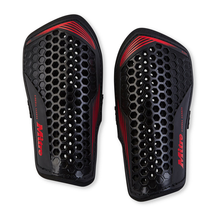 Front view of the Mitre Aircell Carbon Slip Shinguards Black and Red
