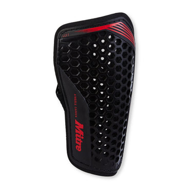 Front ¾ left view of the Mitre Aircell Carbon Slip Shinguards Black and Red